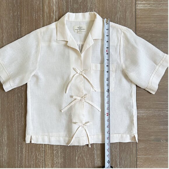 Trovata Birds of Paradis Linen Bow Tie Front Shirt Ivory XS Luxury Resort Blouse - Picture 10 of 11